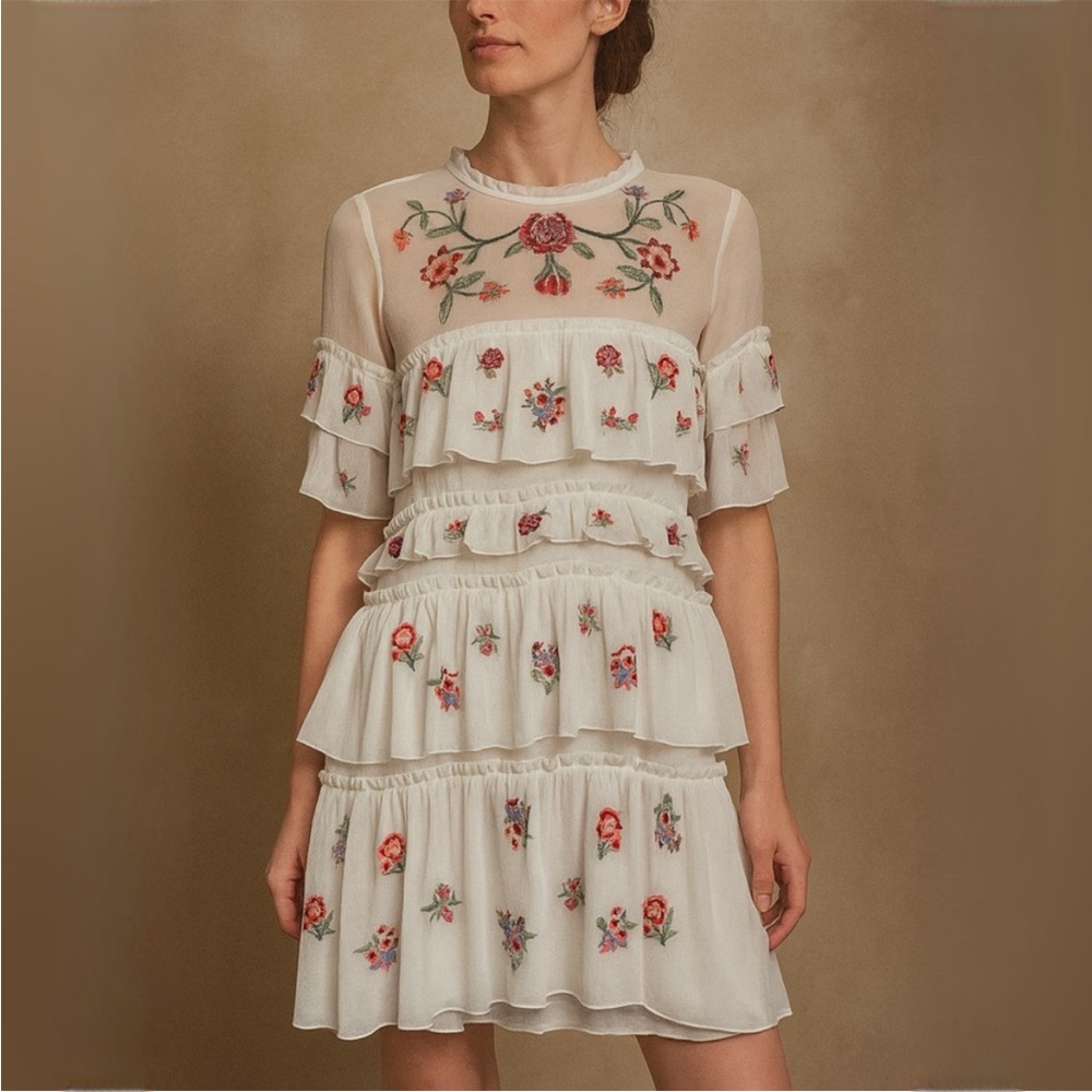 Zara Ivory Floral Whimsy Boho Embroidered Chiffon Tiered Lined Mini Dress Med - Picture 1 of 16